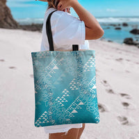 Hawaii Turquoise Kapa Tote Bag Vintage 'Ohe Kāpala Motifs Mix Plumeria Leis