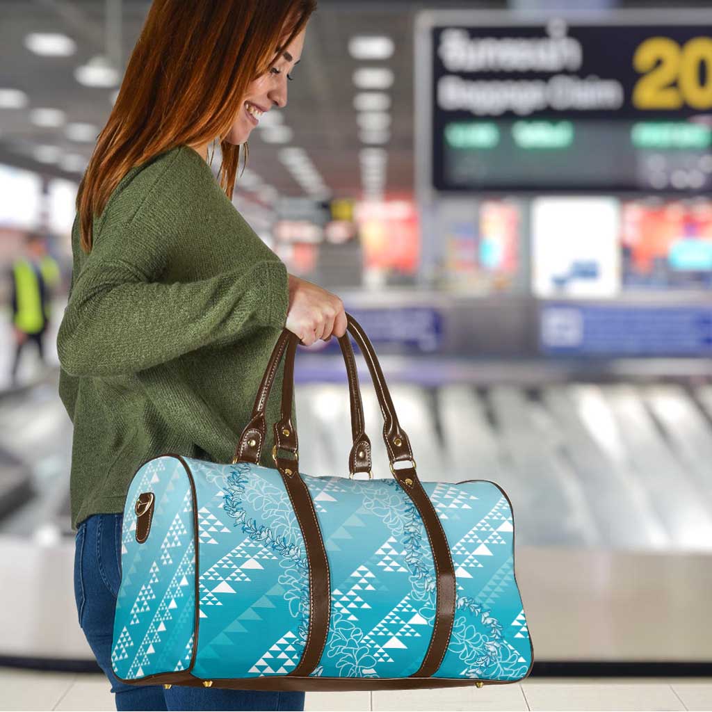 Hawaii Turquoise Kapa Travel Bag Vintage 'Ohe Kāpala Motifs Mix Plumeria Leis