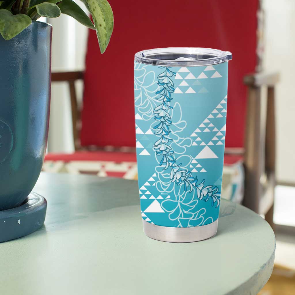 Hawaii Turquoise Kapa Tumbler Cup Vintage 'Ohe Kāpala Motifs Mix Plumeria Leis