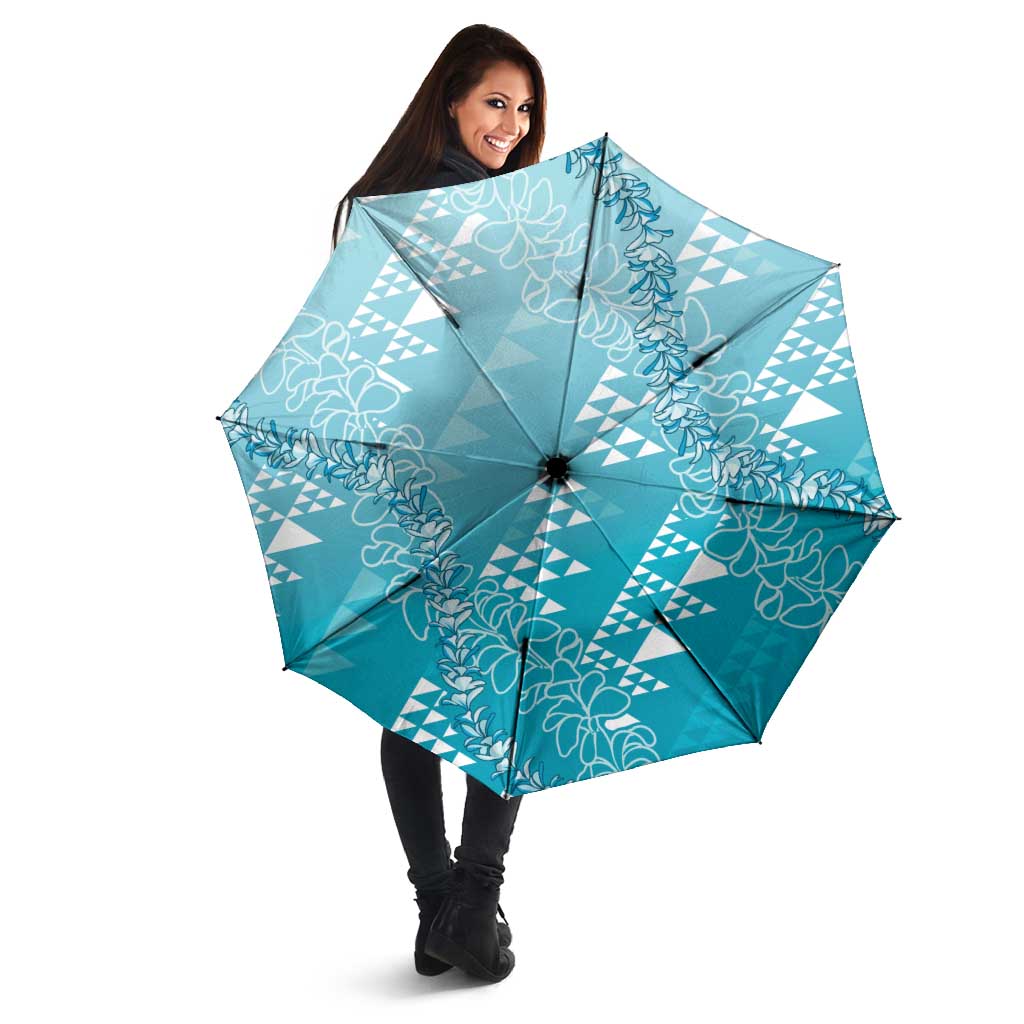 Hawaii Turquoise Kapa Umbrella Vintage 'Ohe Kāpala Motifs Mix Plumeria Leis