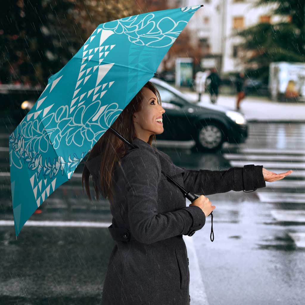 Hawaii Turquoise Kapa Umbrella Vintage 'Ohe Kāpala Motifs Mix Plumeria Leis