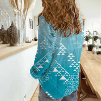 Hawaii Turquoise Kapa Women Casual Shirt Vintage 'Ohe Kāpala Motifs Mix Plumeria Leis LT7 - Polynesian Pride