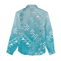 Hawaii Turquoise Kapa Women Casual Shirt Vintage 'Ohe Kāpala Motifs Mix Plumeria Leis LT7 - Polynesian Pride