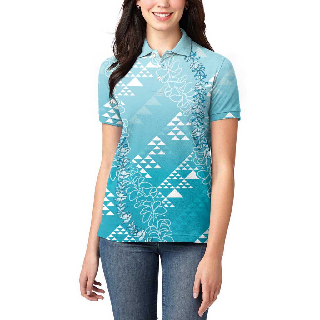 Hawaii Turquoise Kapa Women Polo Shirt Vintage 'Ohe Kāpala Motifs Mix Plumeria Leis LT7 - Polynesian Pride