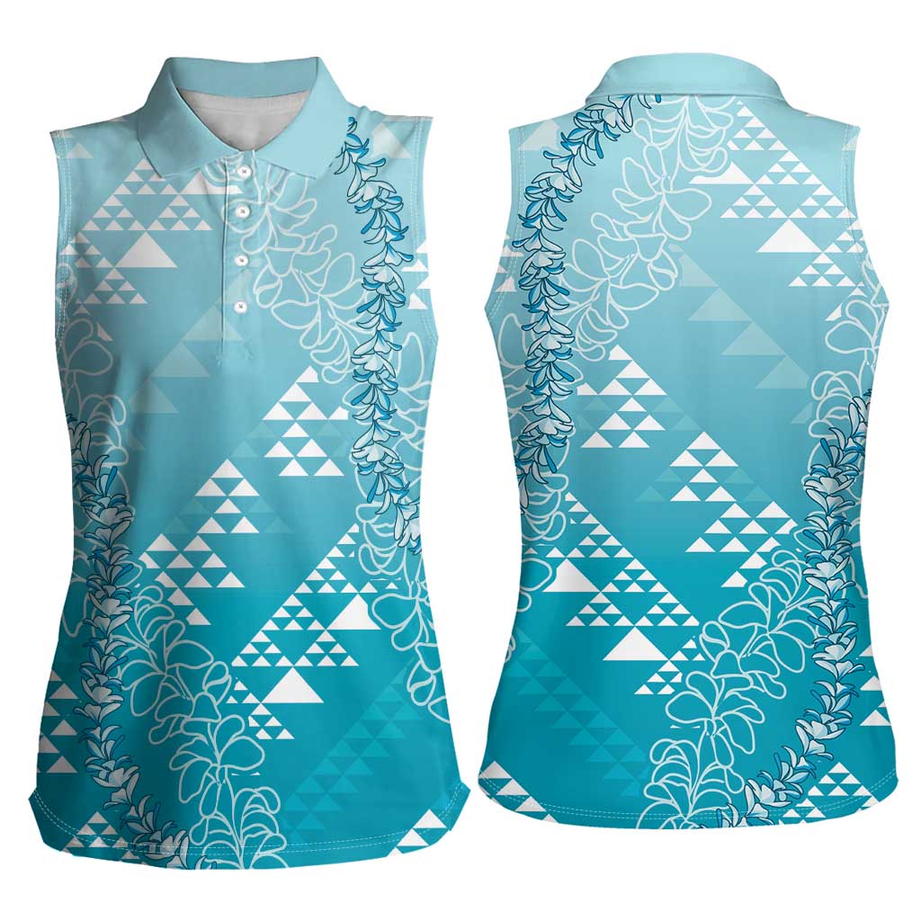 Hawaii Turquoise Kapa Women Sleeveless Polo Shirt Vintage 'Ohe Kāpala Motifs Mix Plumeria Leis LT7 - Polynesian Pride