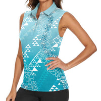 Hawaii Turquoise Kapa Women Sleeveless Polo Shirt Vintage 'Ohe Kāpala Motifs Mix Plumeria Leis LT7 - Polynesian Pride