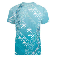 Hawaii Turquoise Kapa Women V-Neck T-Shirt Vintage 'Ohe Kāpala Motifs Mix Plumeria Leis LT7 - Polynesian Pride
