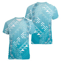 Hawaii Turquoise Kapa Women V-Neck T-Shirt Vintage 'Ohe Kāpala Motifs Mix Plumeria Leis LT7 - Polynesian Pride