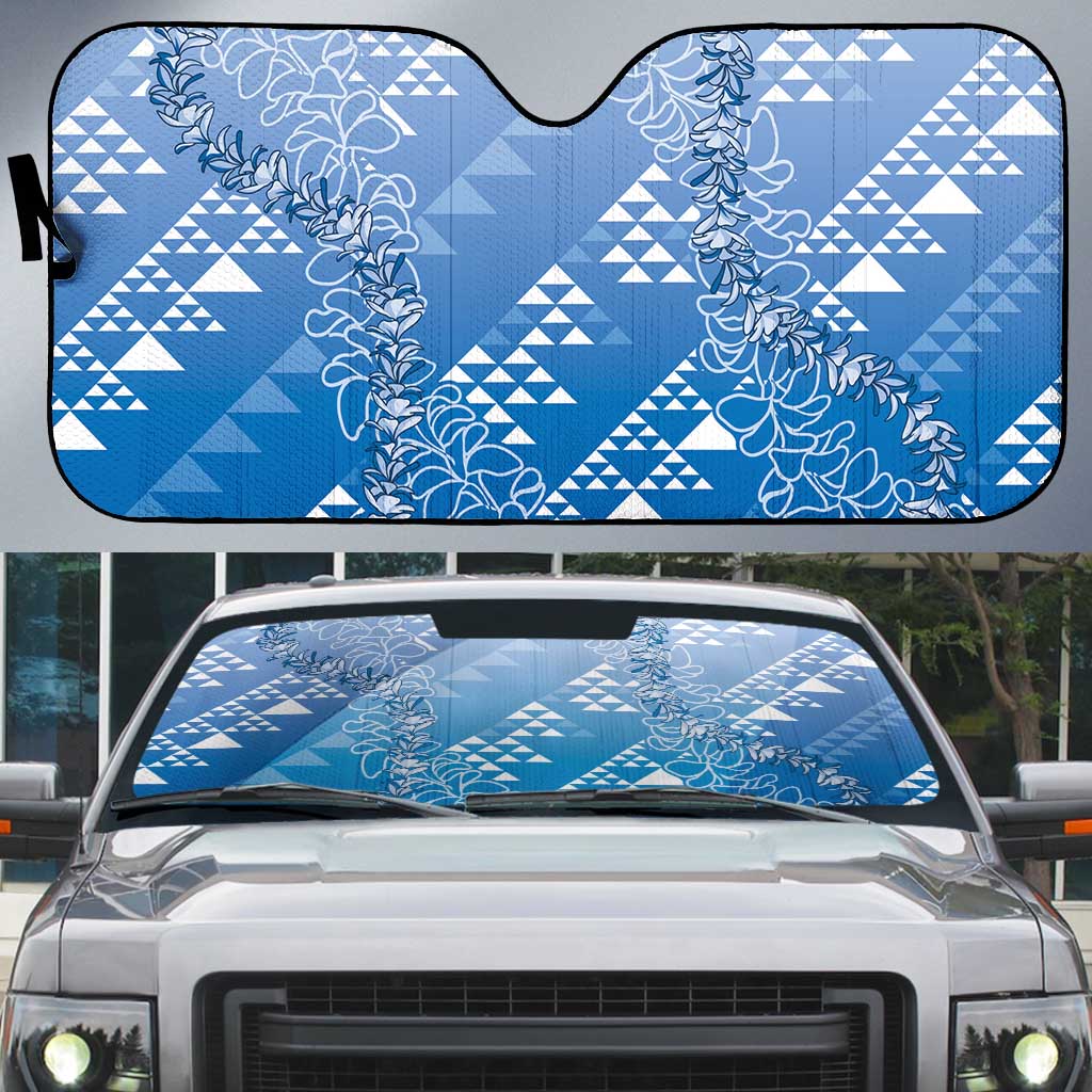 Hawaii Royal Blue Kapa Auto Sun Shade Vintage 'Ohe Kāpala Motifs Mix Plumeria Leis