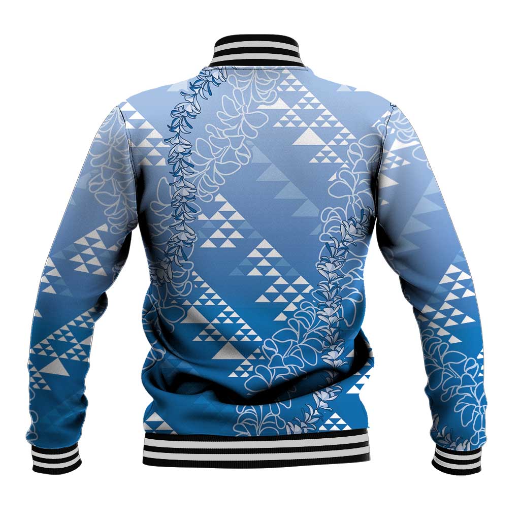 Hawaii Royal Blue Kapa Baseball Jacket Vintage 'Ohe Kāpala Motifs Mix Plumeria Leis