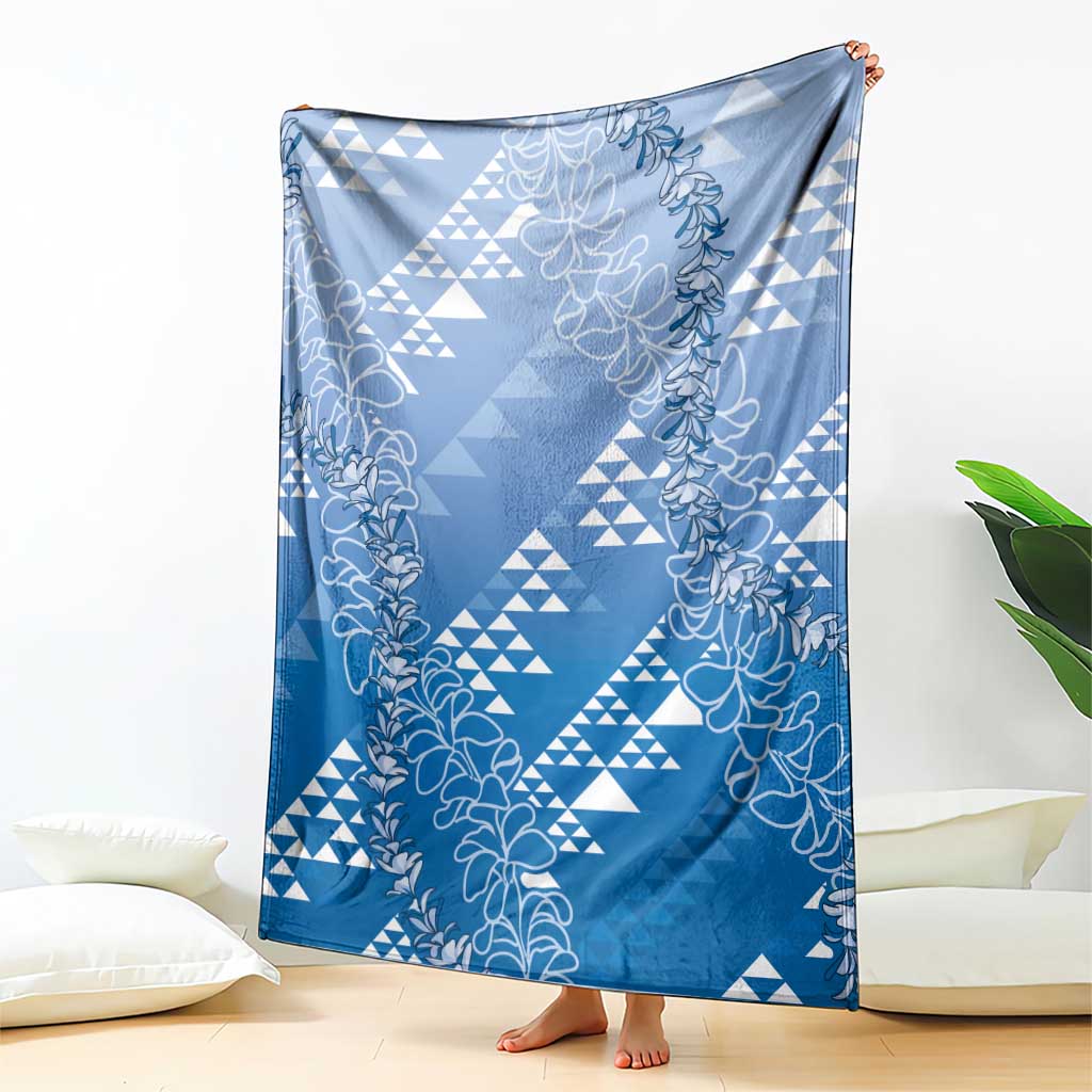 Hawaii Royal Blue Kapa Blanket Vintage 'Ohe Kāpala Motifs Mix Plumeria Leis