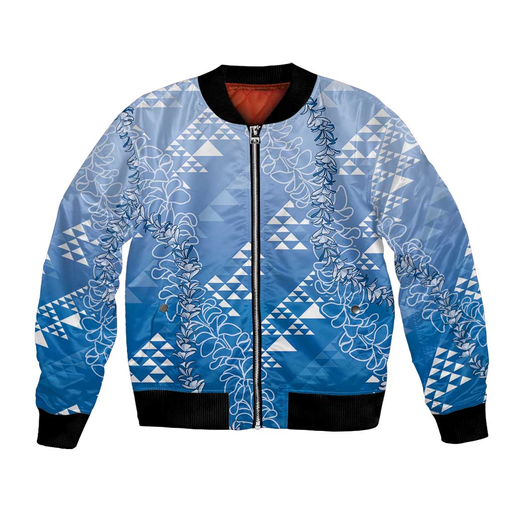 Hawaii Royal Blue Kapa Bomber Jacket Vintage 'Ohe Kāpala Motifs Mix Plumeria Leis