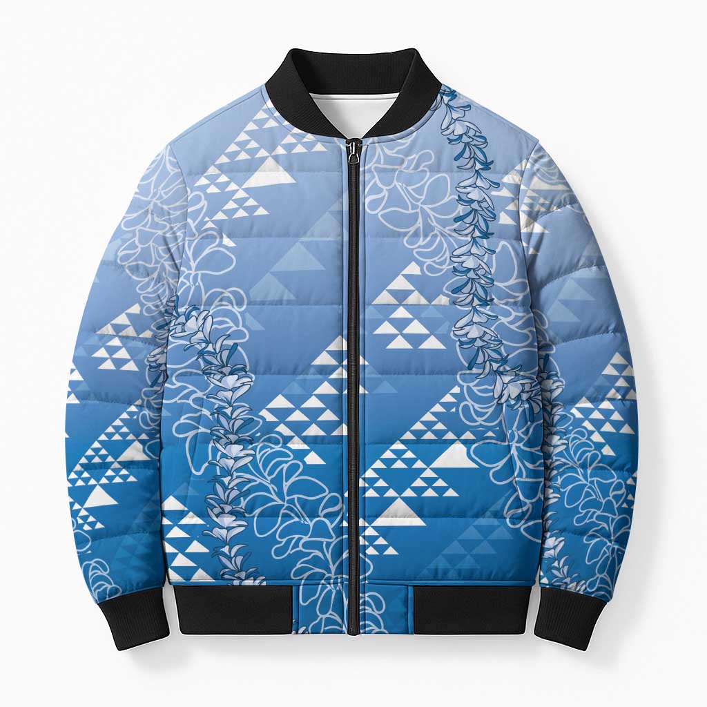 Hawaii Royal Blue Kapa Bomber Puffer Jacket Vintage 'Ohe Kāpala Motifs Mix Plumeria Leis