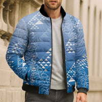 Hawaii Royal Blue Kapa Bomber Puffer Jacket Vintage 'Ohe Kāpala Motifs Mix Plumeria Leis