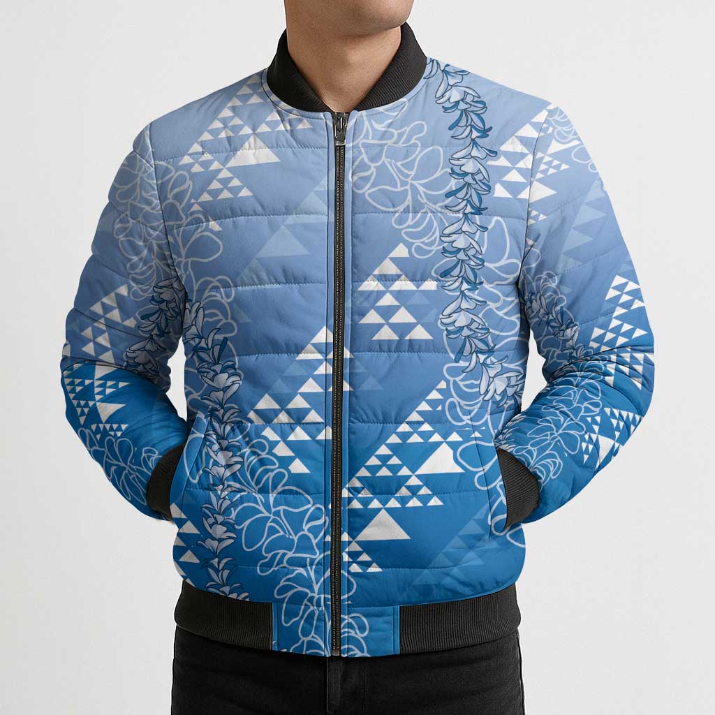 Hawaii Royal Blue Kapa Bomber Puffer Jacket Vintage 'Ohe Kāpala Motifs Mix Plumeria Leis