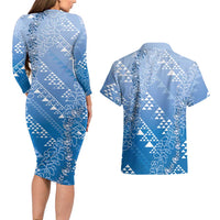 Hawaii Royal Blue Kapa Couples Matching Long Sleeve Bodycon Dress and Hawaiian Shirt Vintage 'Ohe Kāpala Motifs Mix Plumeria Leis LT7 - Polynesian Pride