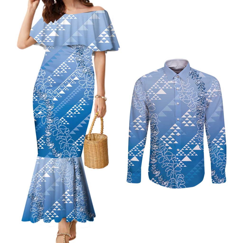 Hawaii Royal Blue Kapa Couples Matching Mermaid Dress and Long Sleeve Button Shirt Vintage 'Ohe Kāpala Motifs Mix Plumeria Leis LT7 Royal Blue - Polynesian Pride