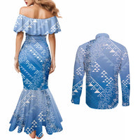 Hawaii Royal Blue Kapa Couples Matching Mermaid Dress and Long Sleeve Button Shirt Vintage 'Ohe Kāpala Motifs Mix Plumeria Leis LT7 - Polynesian Pride
