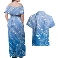 Hawaii Royal Blue Kapa Couples Matching Off Shoulder Maxi Dress and Hawaiian Shirt Vintage 'Ohe Kāpala Motifs Mix Plumeria Leis LT7 - Polynesian Pride