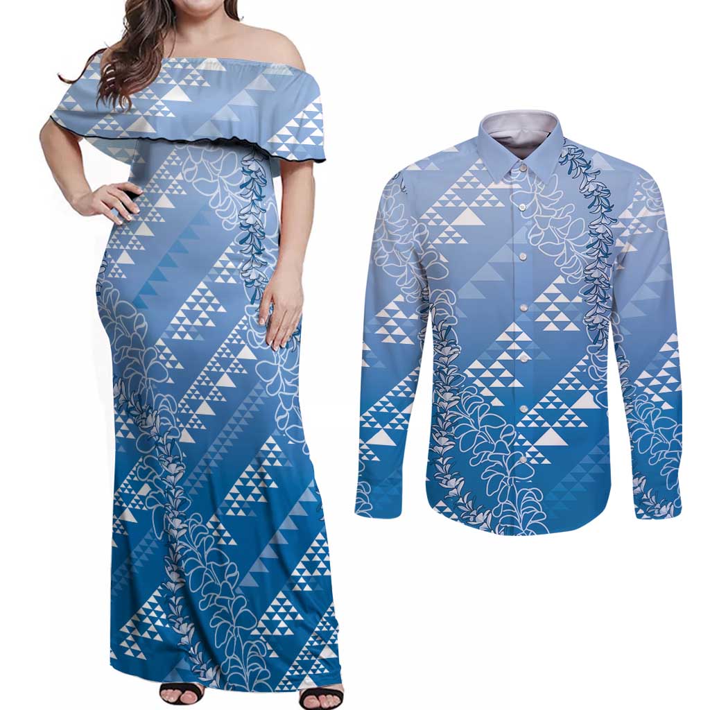 Hawaii Royal Blue Kapa Couples Matching Off Shoulder Maxi Dress and Long Sleeve Button Shirt Vintage 'Ohe Kāpala Motifs Mix Plumeria Leis LT7 Royal Blue - Polynesian Pride