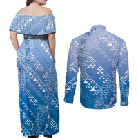 Hawaii Royal Blue Kapa Couples Matching Off Shoulder Maxi Dress and Long Sleeve Button Shirt Vintage 'Ohe Kāpala Motifs Mix Plumeria Leis LT7 - Polynesian Pride