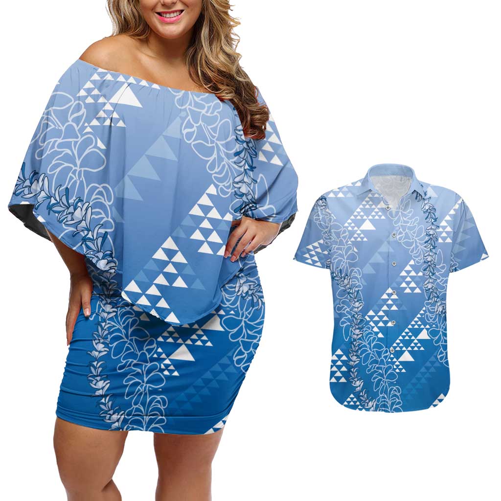 Hawaii Royal Blue Kapa Couples Matching Off Shoulder Short Dress and Hawaiian Shirt Vintage 'Ohe Kāpala Motifs Mix Plumeria Leis LT7 Royal Blue - Polynesian Pride