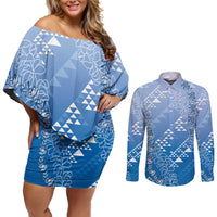 Hawaii Royal Blue Kapa Couples Matching Off Shoulder Short Dress and Long Sleeve Button Shirt Vintage 'Ohe Kāpala Motifs Mix Plumeria Leis LT7 Royal Blue - Polynesian Pride