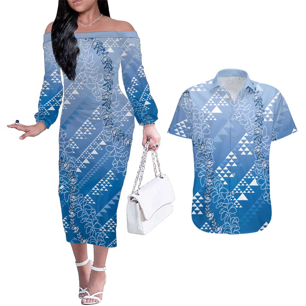 Hawaii Royal Blue Kapa Couples Matching Off The Shoulder Long Sleeve Dress and Hawaiian Shirt Vintage 'Ohe Kāpala Motifs Mix Plumeria Leis LT7 Royal Blue - Polynesian Pride