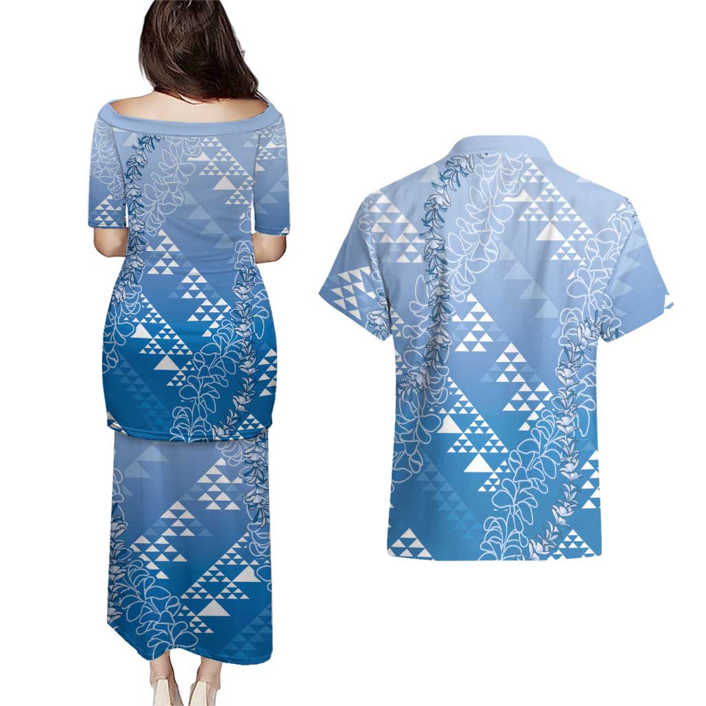 Hawaii Royal Blue Kapa Couples Matching Puletasi and Hawaiian Shirt Vintage 'Ohe Kāpala Motifs Mix Plumeria Leis LT7 - Polynesian Pride