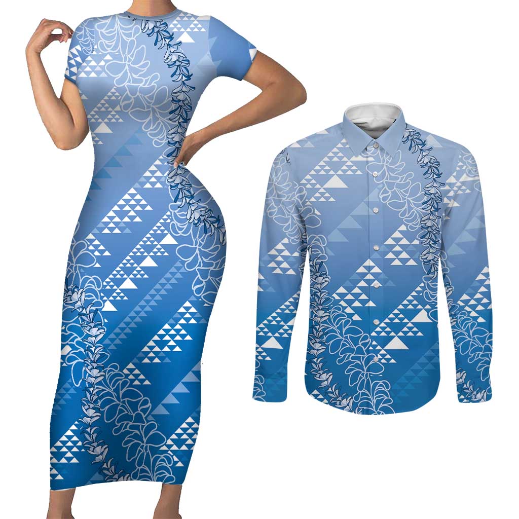 Hawaii Royal Blue Kapa Couples Matching Short Sleeve Bodycon Dress and Long Sleeve Button Shirt Vintage 'Ohe Kāpala Motifs Mix Plumeria Leis