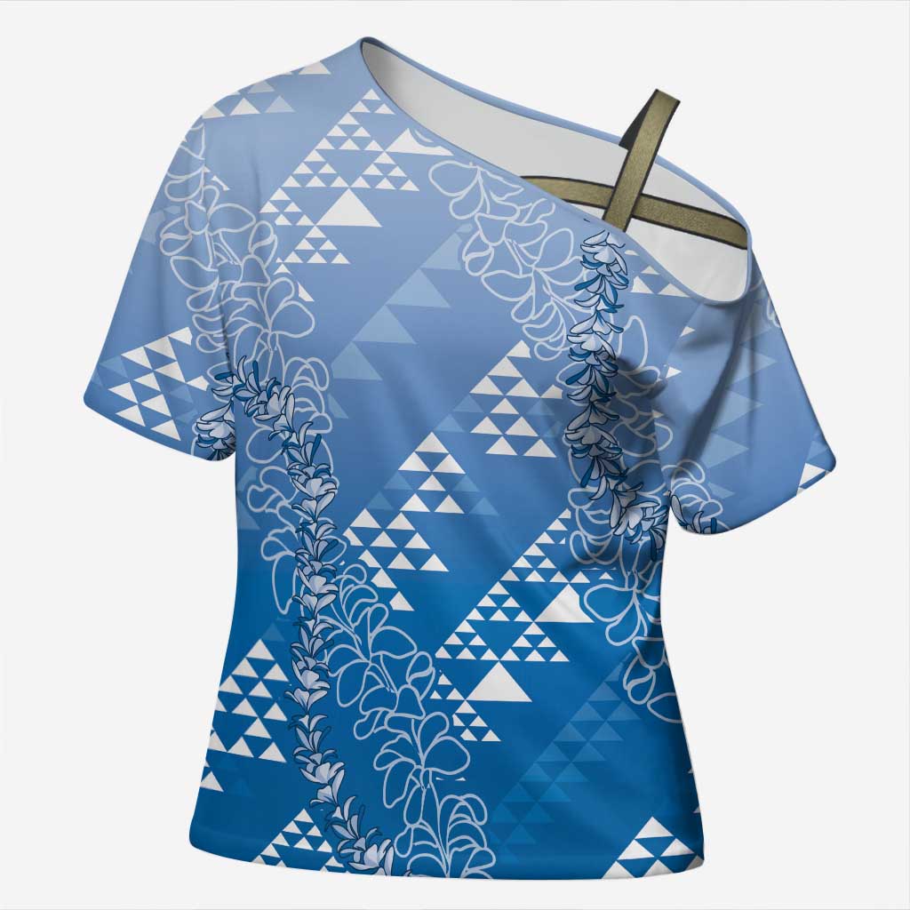 Hawaii Royal Blue Kapa Cross Shoulder Shirt Vintage 'Ohe Kāpala Motifs Mix Plumeria Leis