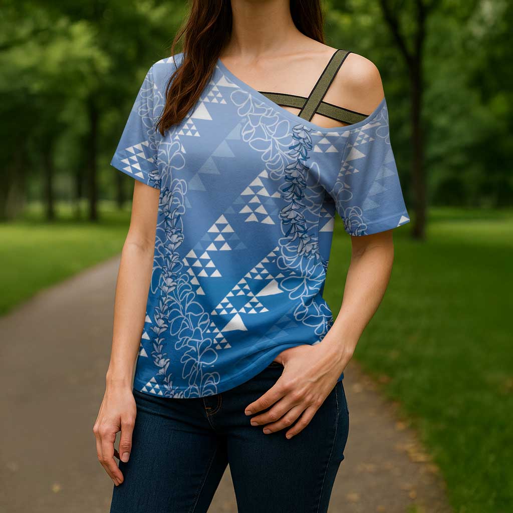 Hawaii Royal Blue Kapa Cross Shoulder Shirt Vintage 'Ohe Kāpala Motifs Mix Plumeria Leis