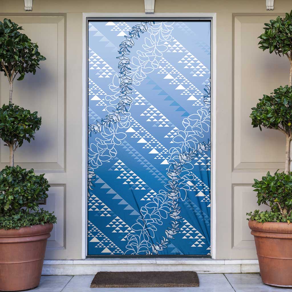 Hawaii Royal Blue Kapa Door Cover Vintage 'Ohe Kāpala Motifs Mix Plumeria Leis