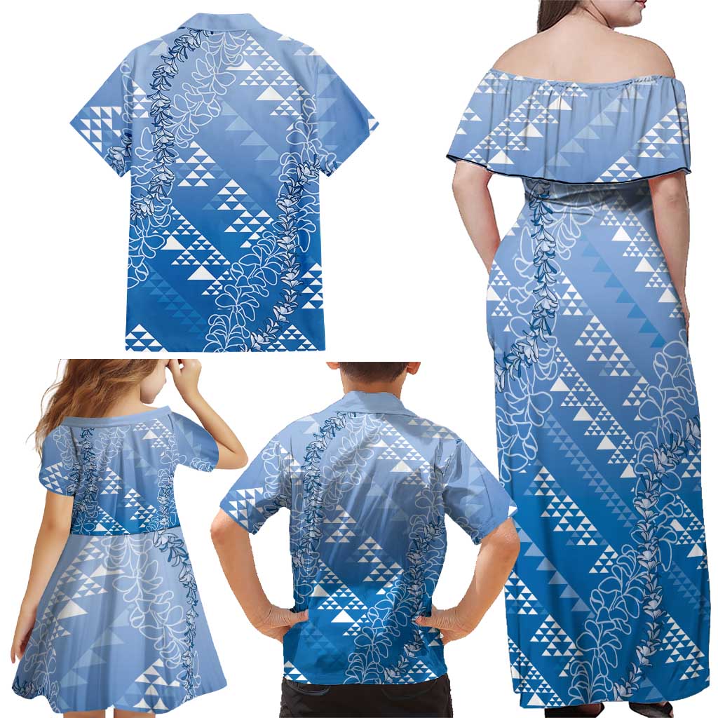 Hawaii Royal Blue Kapa Family Matching Off Shoulder Maxi Dress and Hawaiian Shirt Vintage 'Ohe Kāpala Motifs Mix Plumeria Leis LT7 - Polynesian Pride