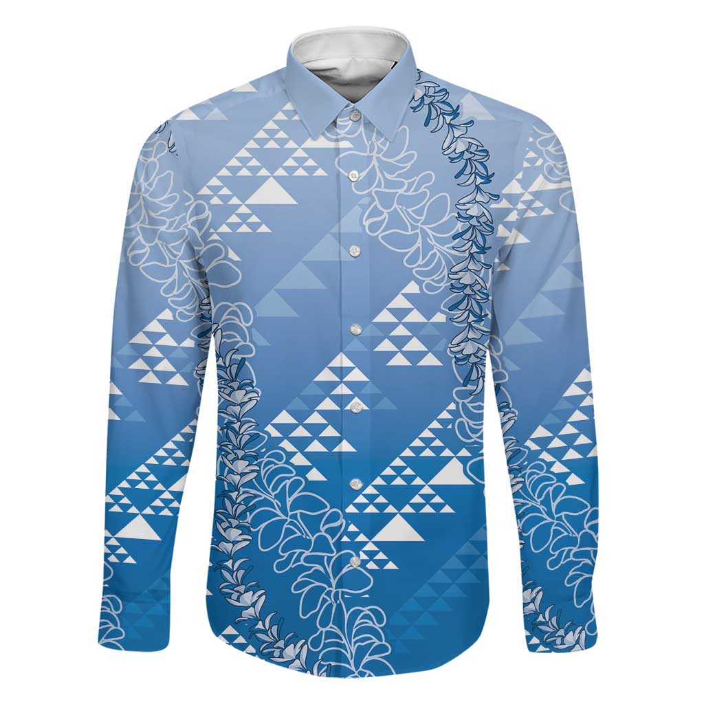 Hawaii Royal Blue Kapa Family Matching Off Shoulder Maxi Dress and Hawaiian Shirt Vintage 'Ohe Kāpala Motifs Mix Plumeria Leis LT7 Dad's Shirt - Long Sleeve Royal Blue - Polynesian Pride