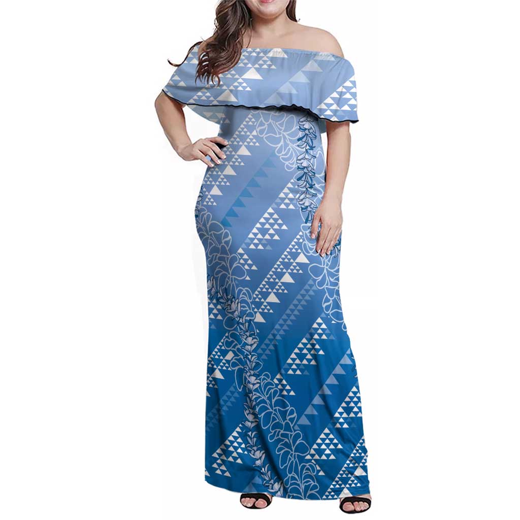 Hawaii Royal Blue Kapa Family Matching Off Shoulder Maxi Dress and Hawaiian Shirt Vintage 'Ohe Kāpala Motifs Mix Plumeria Leis LT7 Mom's Dress Royal Blue - Polynesian Pride