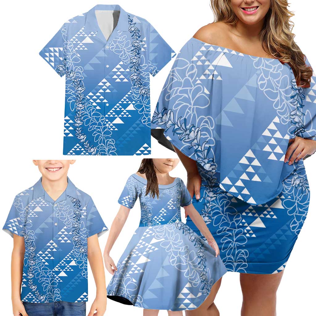 Hawaii Royal Blue Kapa Family Matching Off Shoulder Short Dress and Hawaiian Shirt Vintage 'Ohe Kāpala Motifs Mix Plumeria Leis LT7 - Polynesian Pride