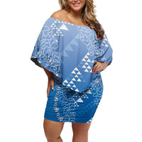 Hawaii Royal Blue Kapa Family Matching Off Shoulder Short Dress and Hawaiian Shirt Vintage 'Ohe Kāpala Motifs Mix Plumeria Leis LT7 Mom's Dress Royal Blue - Polynesian Pride
