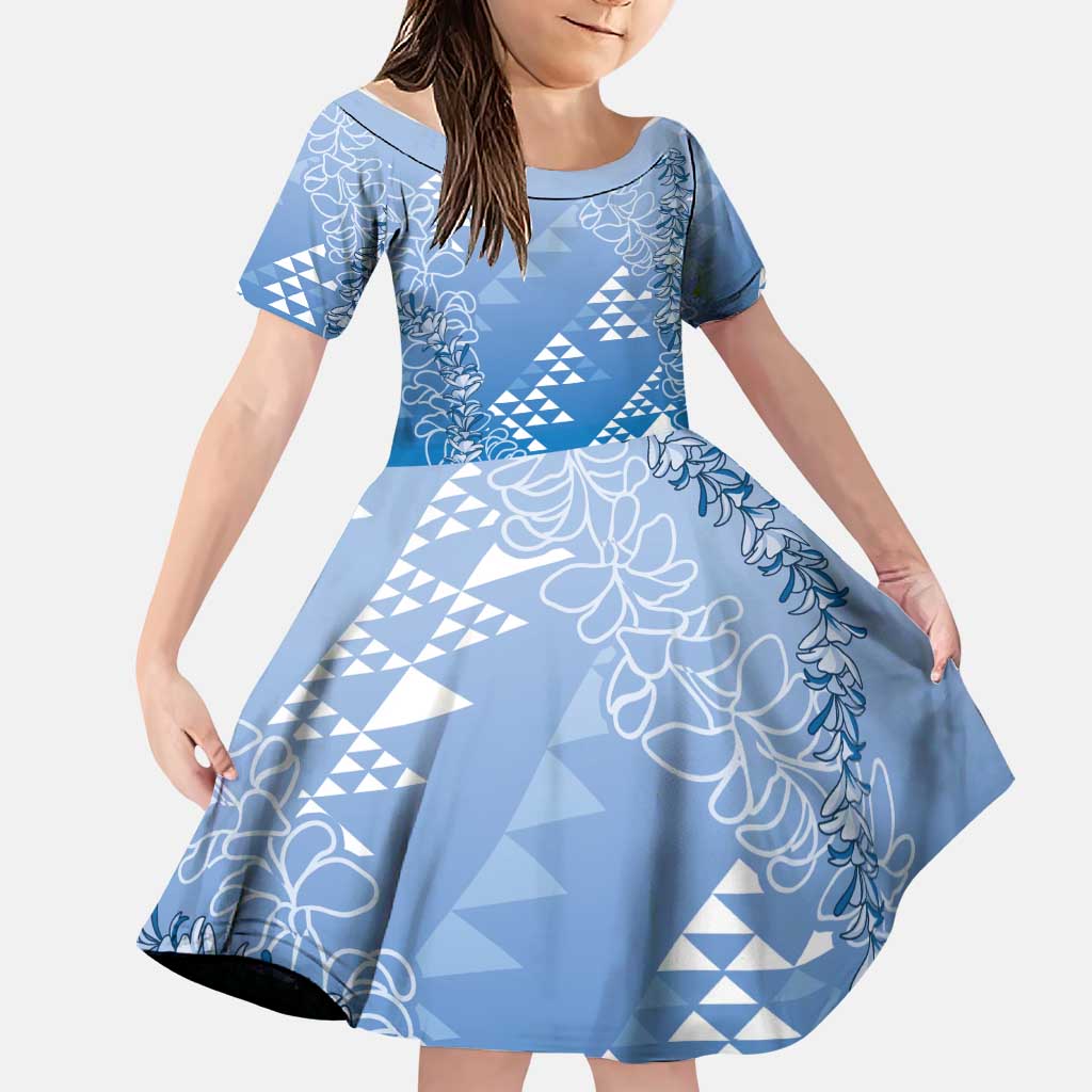 Hawaii Royal Blue Kapa Family Matching Summer Maxi Dress and Hawaiian Shirt Vintage 'Ohe Kāpala Motifs Mix Plumeria Leis LT7 Daughter's Dress Royal Blue - Polynesian Pride