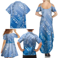 Hawaii Royal Blue Kapa Family Matching Summer Maxi Dress and Hawaiian Shirt Vintage 'Ohe Kāpala Motifs Mix Plumeria Leis LT7 - Polynesian Pride