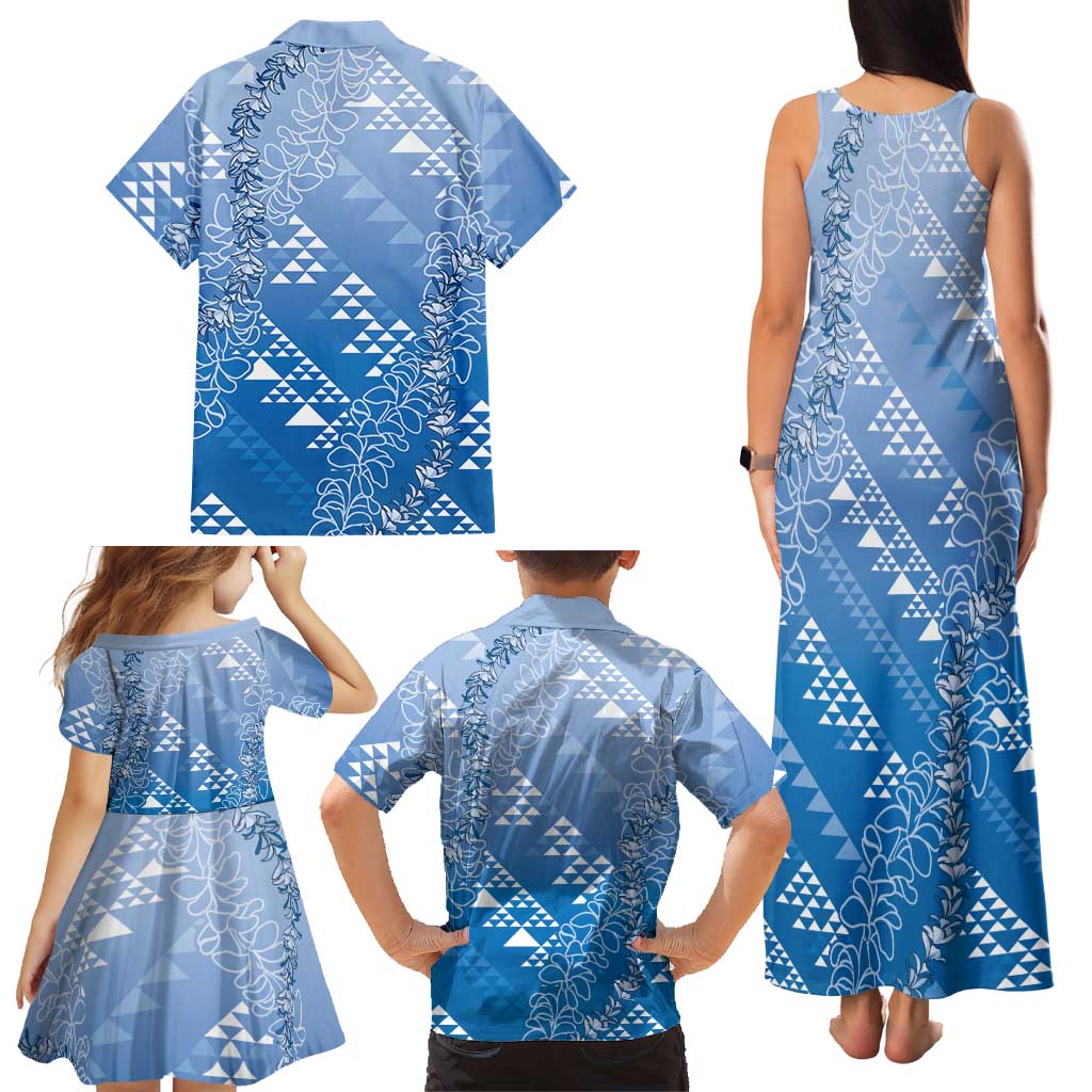 Hawaii Royal Blue Kapa Family Matching Tank Maxi Dress and Hawaiian Shirt Vintage 'Ohe Kāpala Motifs Mix Plumeria Leis LT7 - Polynesian Pride