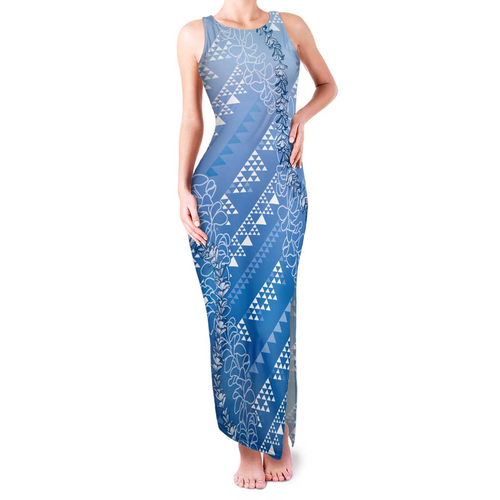 Hawaii Royal Blue Kapa Family Matching Tank Maxi Dress and Hawaiian Shirt Vintage 'Ohe Kāpala Motifs Mix Plumeria Leis LT7 Mom's Dress Royal Blue - Polynesian Pride