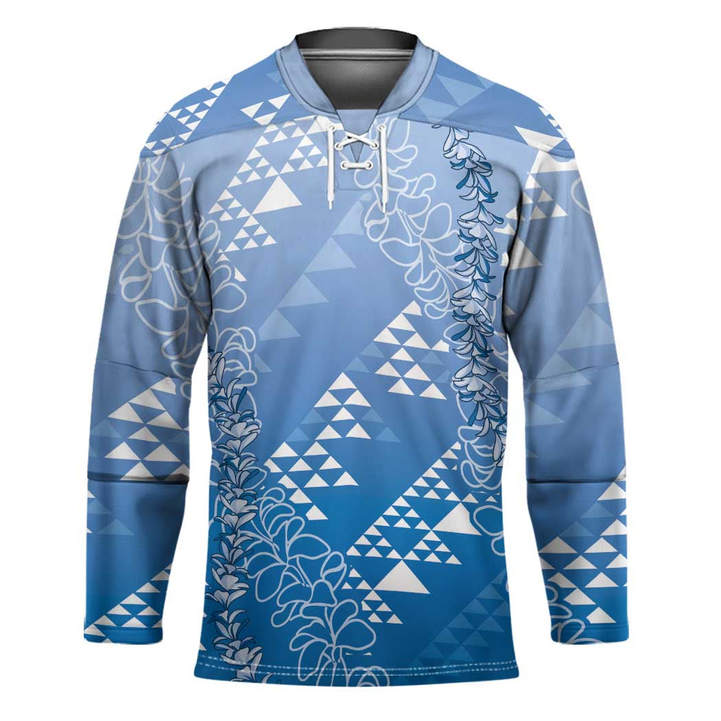 Hawaii Royal Blue Kapa Hockey Jersey Vintage 'Ohe Kāpala Motifs Mix Plumeria Leis