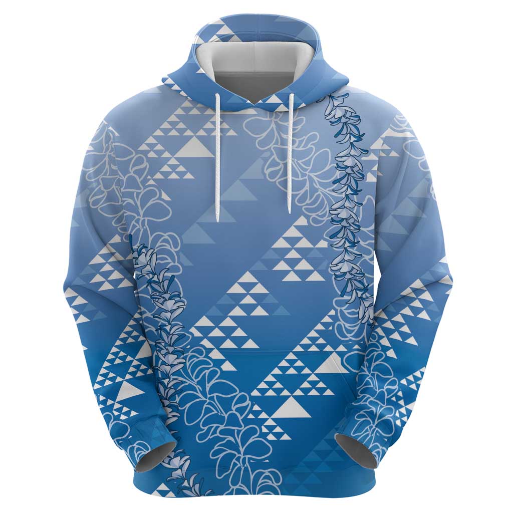 Hawaii Royal Blue Kapa Hoodie Vintage 'Ohe Kāpala Motifs Mix Plumeria Leis