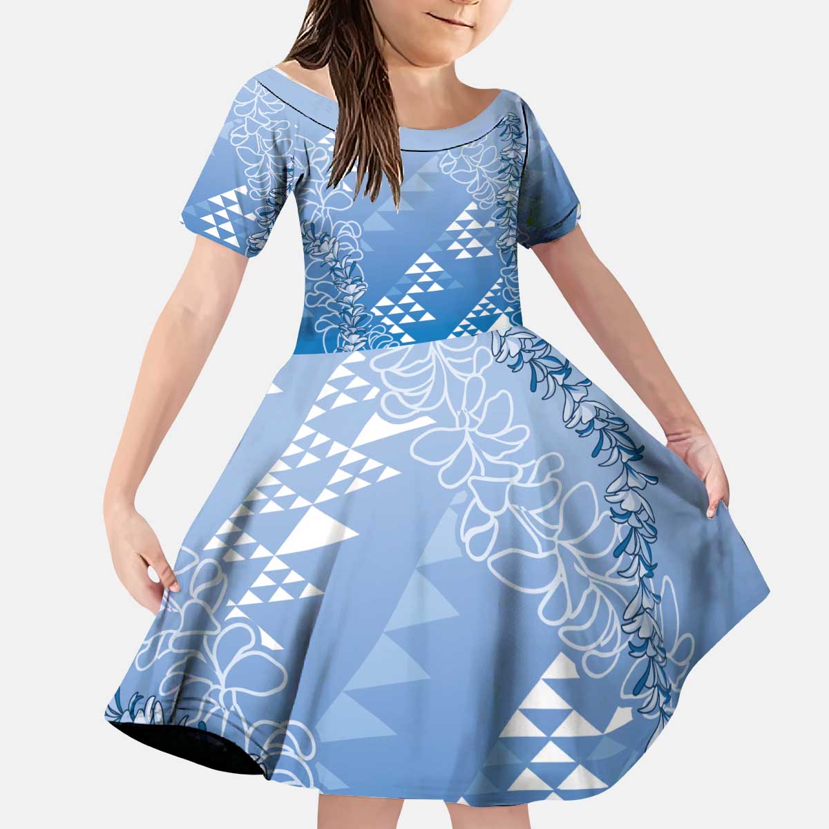 Hawaii Royal Blue Kapa Kid Short Sleeve Dress Vintage 'Ohe Kāpala Motifs Mix Plumeria Leis LT7 KID Royal Blue - Polynesian Pride