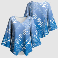 Hawaii Royal Blue Kapa Kimono Sleeve Blouse Vintage 'Ohe Kāpala Motifs Mix Plumeria Leis