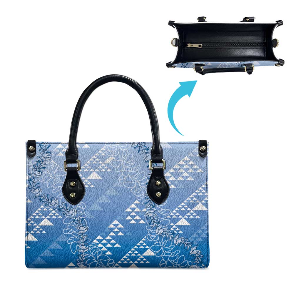 Hawaii Royal Blue Kapa Leather Bag Vintage 'Ohe Kāpala Motifs Mix Plumeria Leis