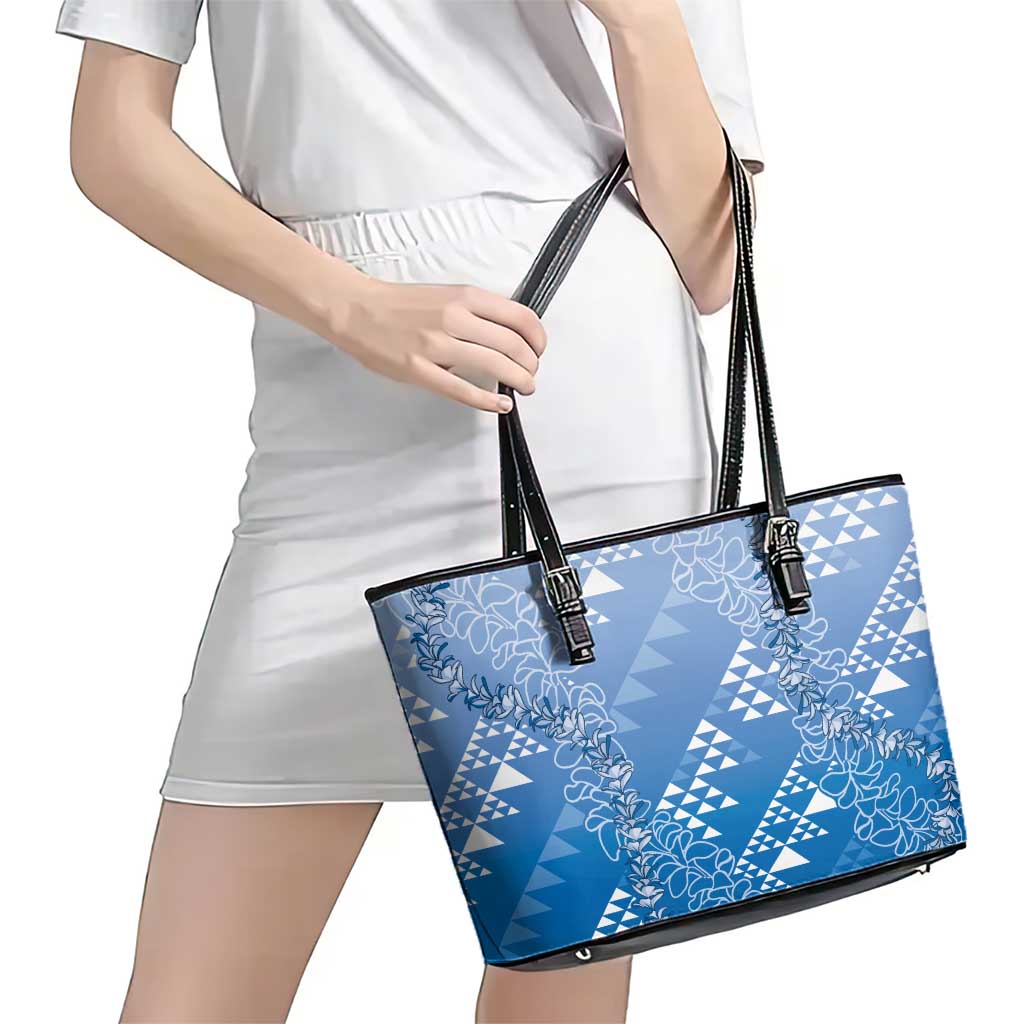 Hawaii Royal Blue Kapa Leather Tote Bag Vintage 'Ohe Kāpala Motifs Mix Plumeria Leis