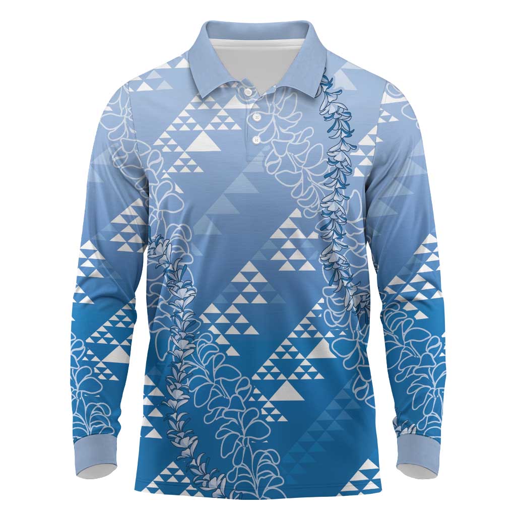 Hawaii Royal Blue Kapa Long Sleeve Polo Shirt Vintage 'Ohe Kāpala Motifs Mix Plumeria Leis LT7 Royal Blue - Polynesian Pride