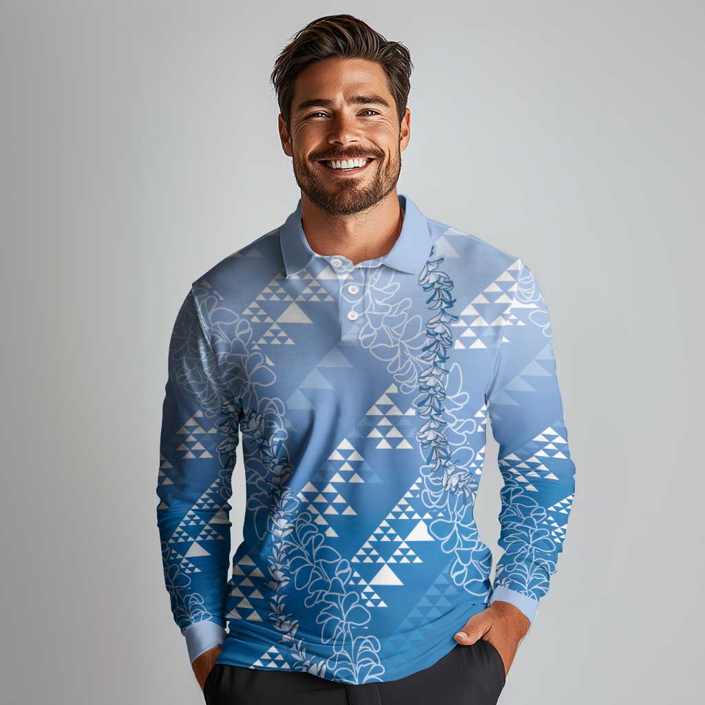 Hawaii Royal Blue Kapa Long Sleeve Polo Shirt Vintage 'Ohe Kāpala Motifs Mix Plumeria Leis LT7 - Polynesian Pride